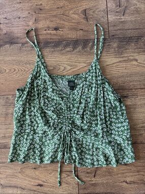 Green Floral Ruched Front Spaghetti Strap Top